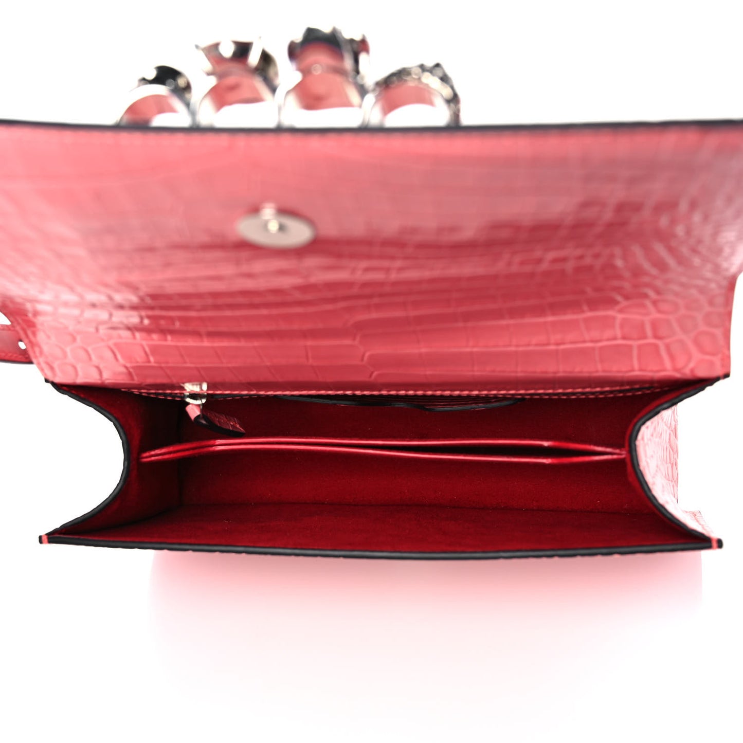 Calfskin Crocodile Embossed Knuckle Shoulder Bag Coral