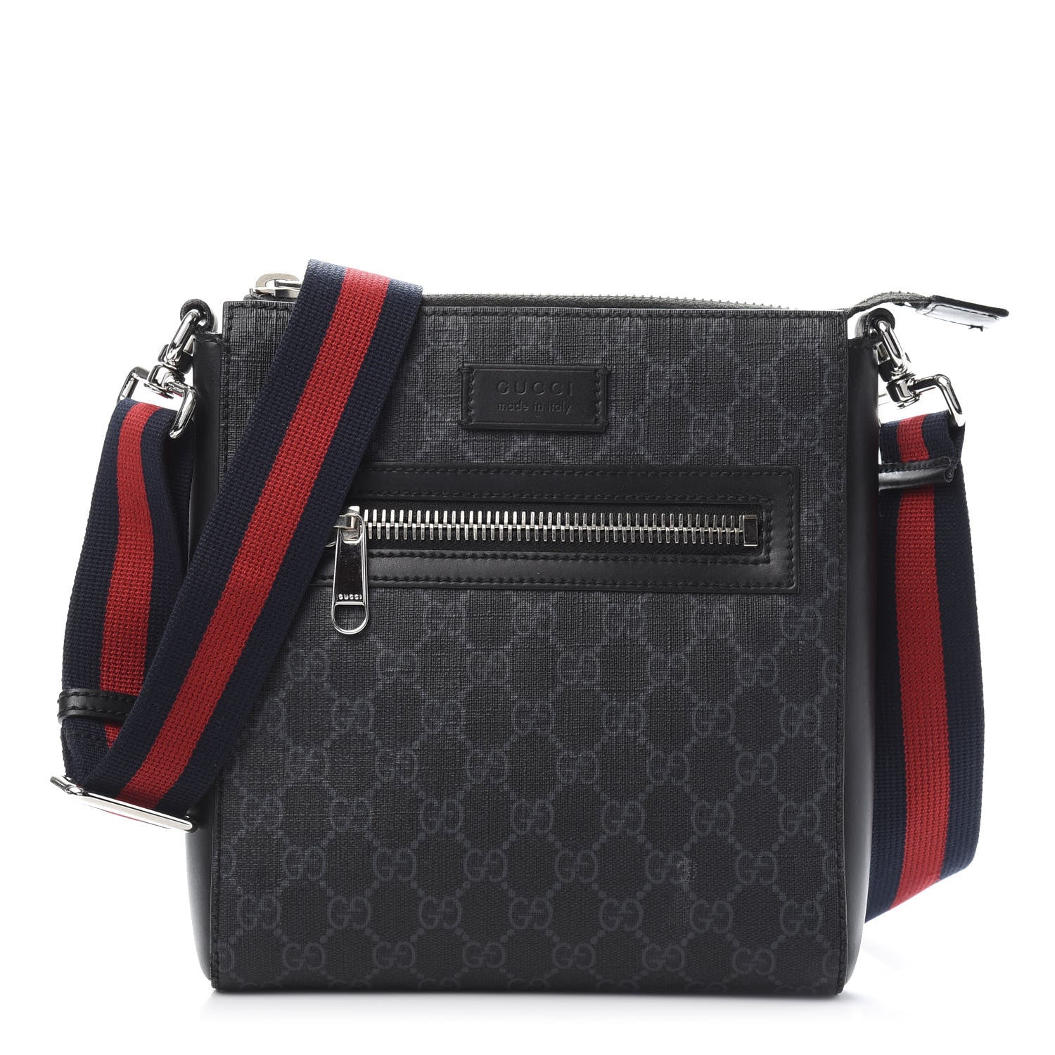 Gucci GG Supreme Monogram Web Small Flat Messenger Bag Black Grey 1 of 11