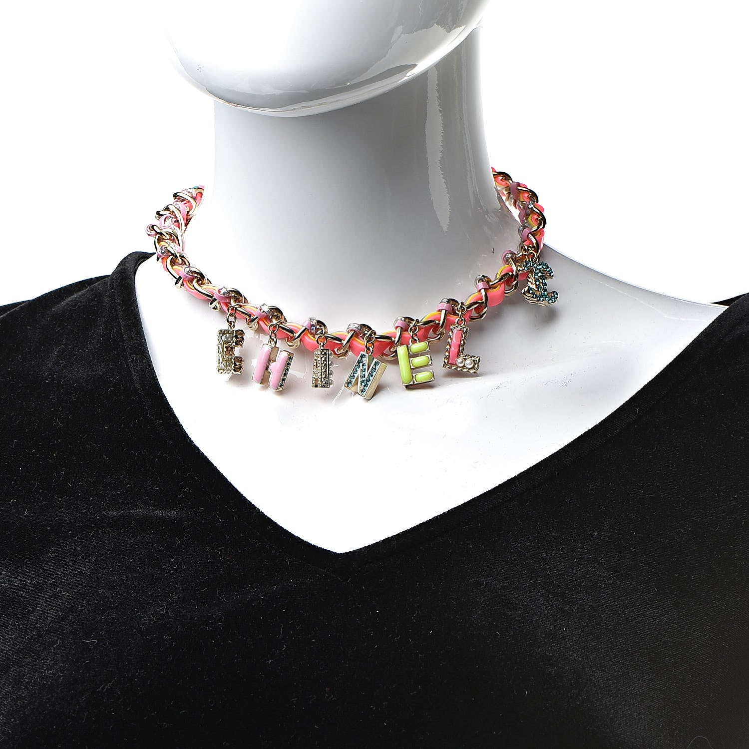 Chanel Metal Strass PVC Enamel CC Chain Link Choker Necklace Gold Blue Pink Yellow 2 of 8