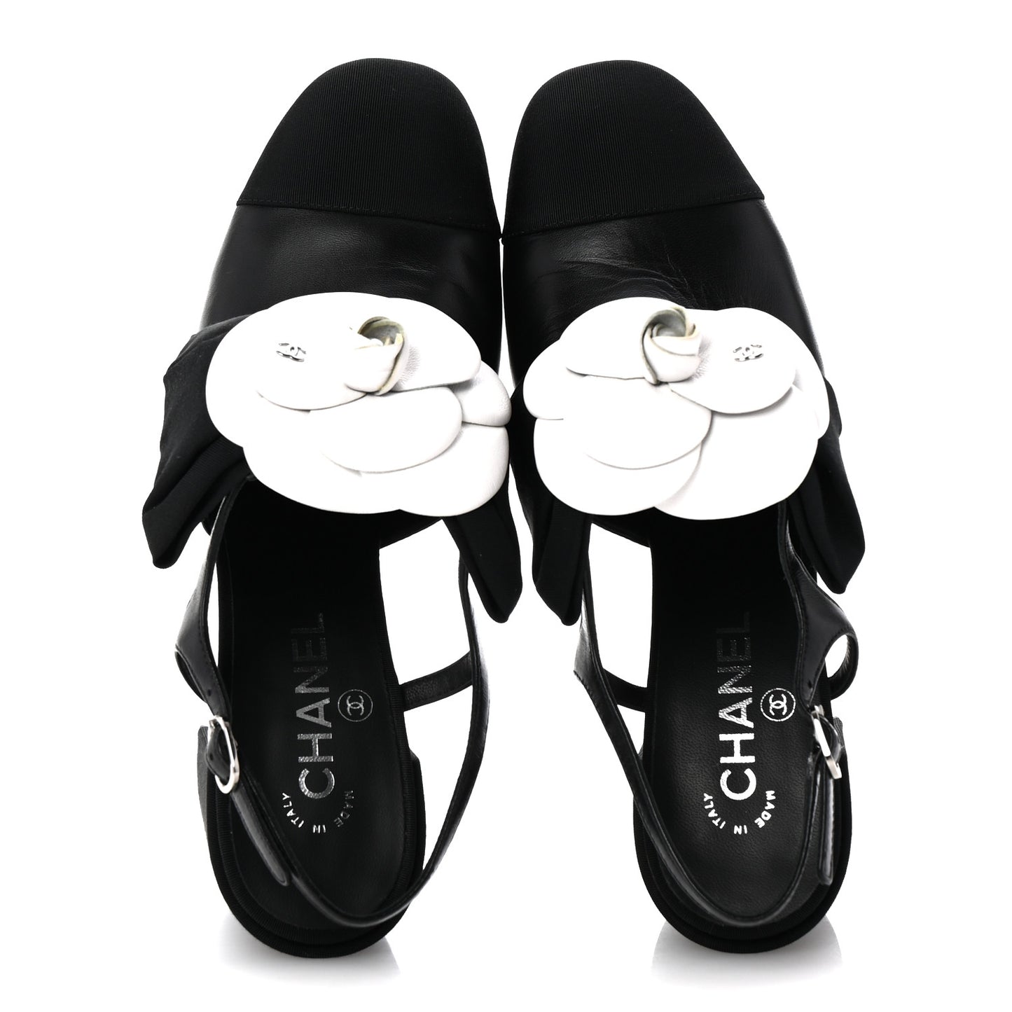 Lambskin Grosgrain Cap Toe Camellia Bow Slingback Pumps 40 Black