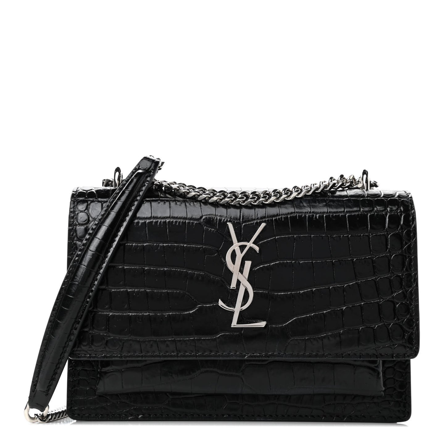 Calfskin Crocodile Embossed Monogram Sunset Chain Wallet Black