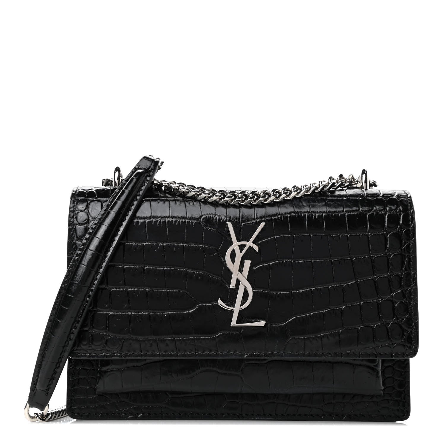 Saint Laurent Calfskin Crocodile Embossed Monogram Sunset Chain Wallet Black 1 of 4