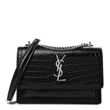 Saint Laurent Calfskin Crocodile Embossed Monogram Sunset Chain Wallet Black 1 of 4
