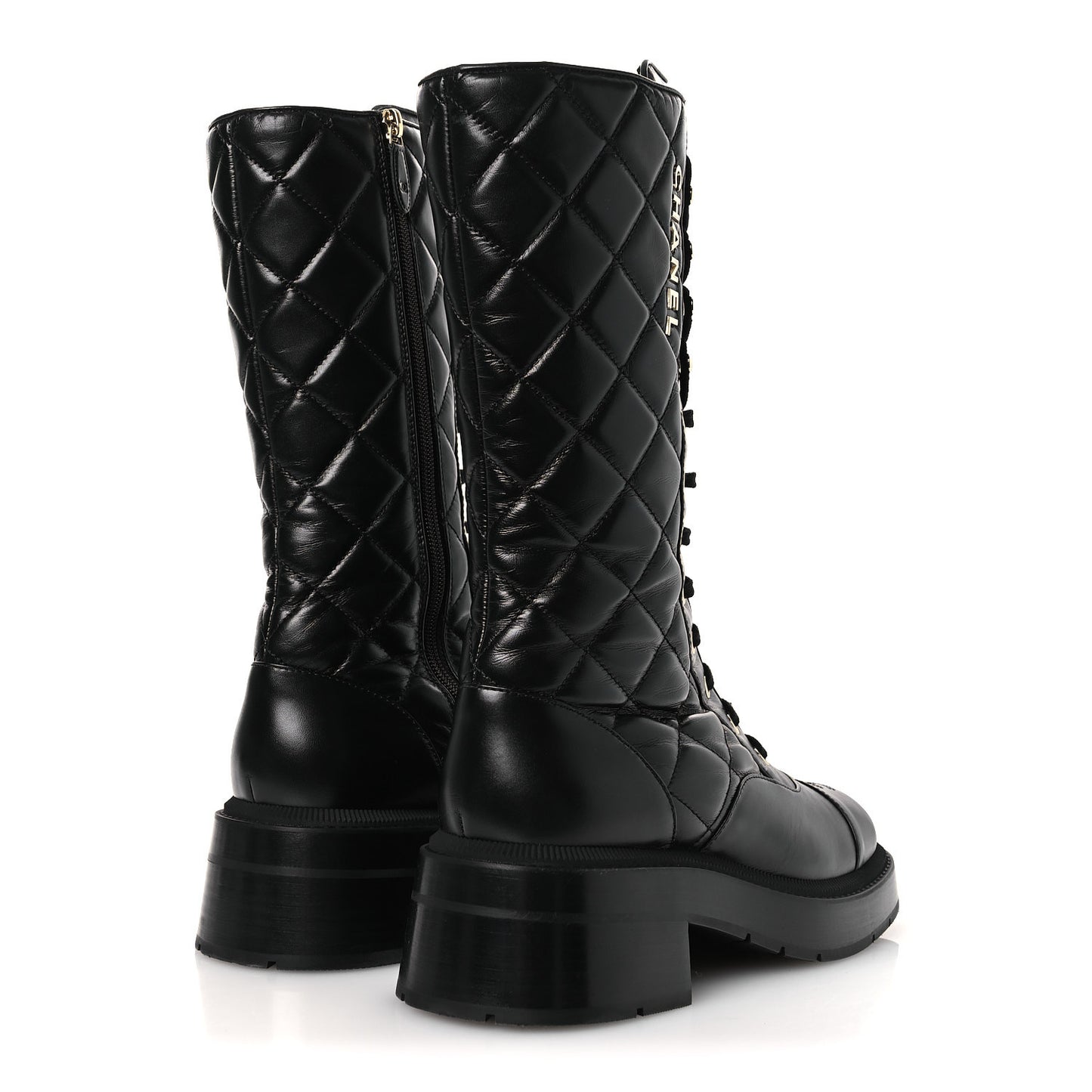 Calfskin Quilted Logo Lace Up Tall Combat Boots 39 Black