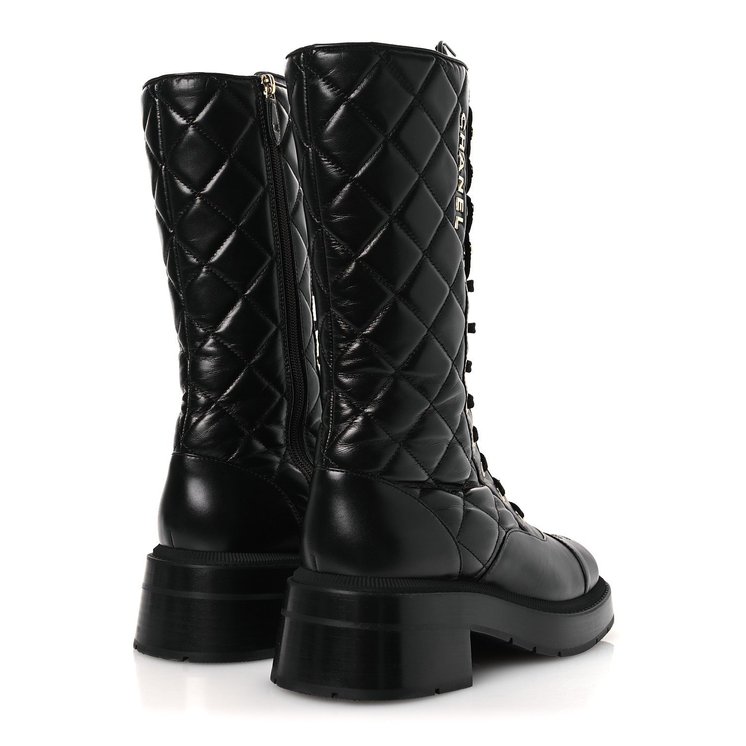 Chanel Calfskin Quilted Logo Lace Up Tall Combat Boots 39 Black 5 of 11