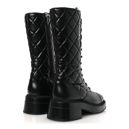 Chanel Calfskin Quilted Logo Lace Up Tall Combat Boots 39 Black 5 of 11