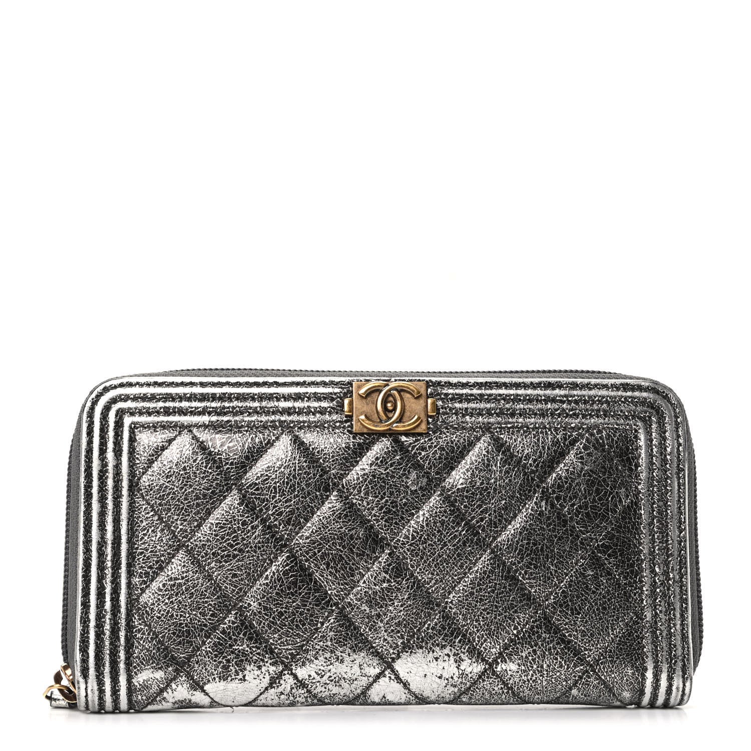 Chanel Cracked Metallic Calfskin Quilted Boy Long Zip Around Wallet Dark Silver 1 of 9