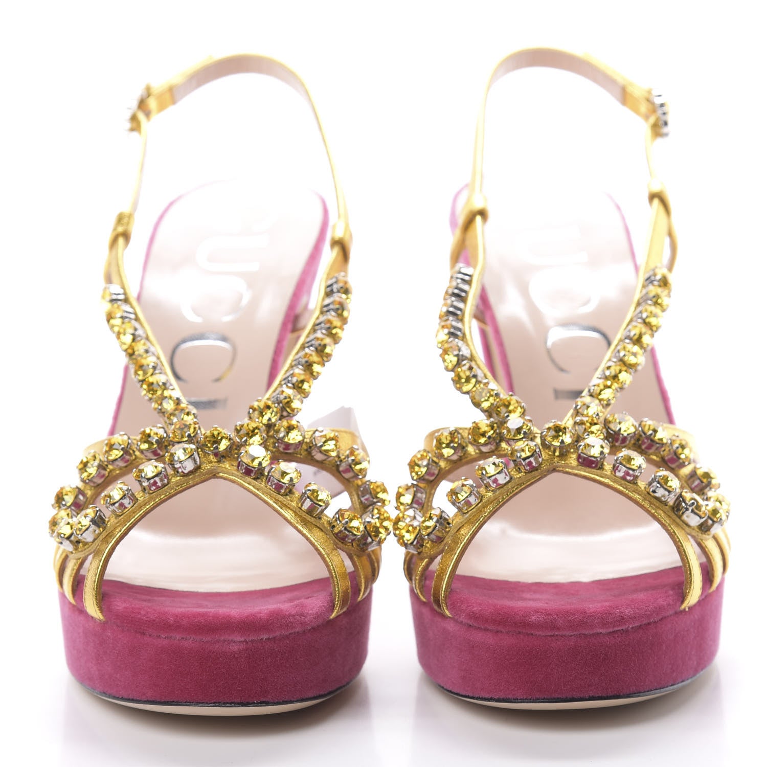 Gucci Velvet Nappa Crystal Zephyra Slingback Platform High Heel Sandals 38.5 Pink Gold 2 of 9
