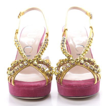 Gucci Velvet Nappa Crystal Zephyra Slingback Platform High Heel Sandals 38.5 Pink Gold 2 of 9