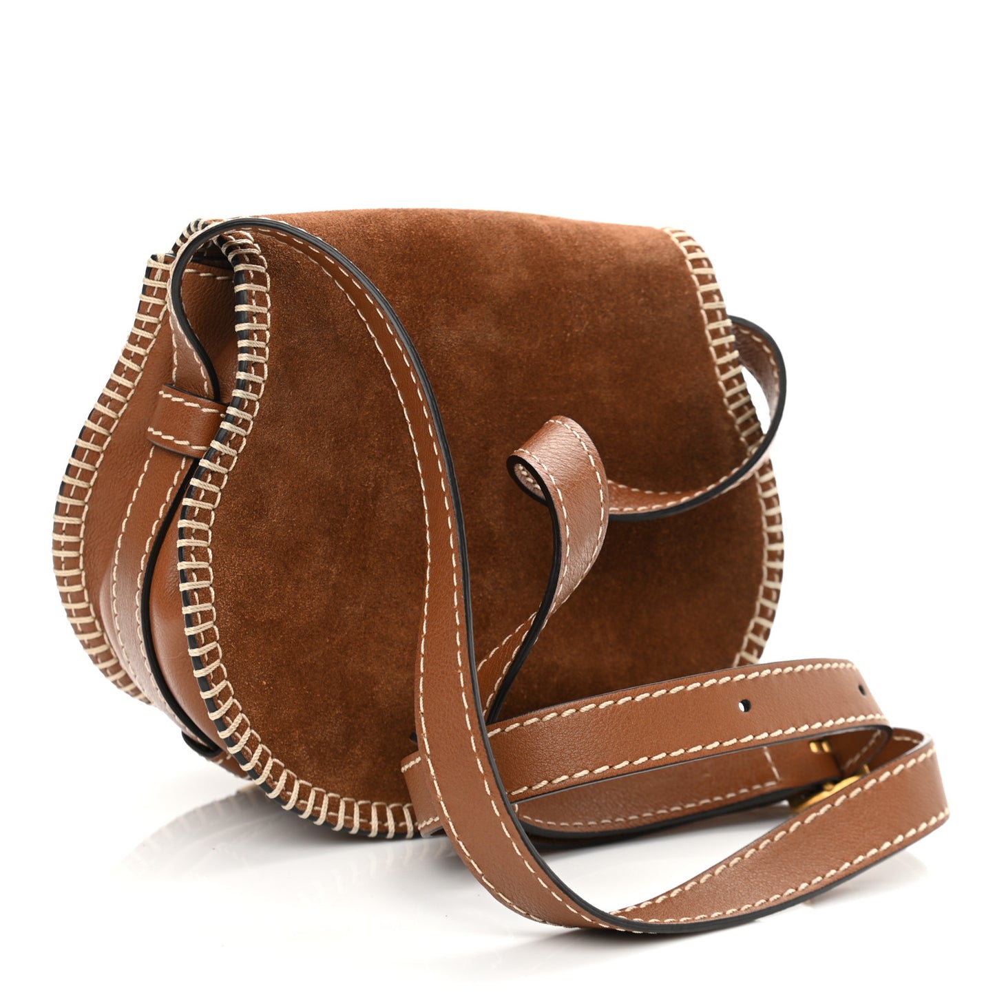 Suede Calfskin Stitched Small Marcie Round Crossbody Bag Tan