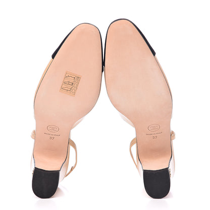 Chanel Goatskin Grosgrain Cap Toe CC Slingback Pumps 37 Beige Black 5 of 9