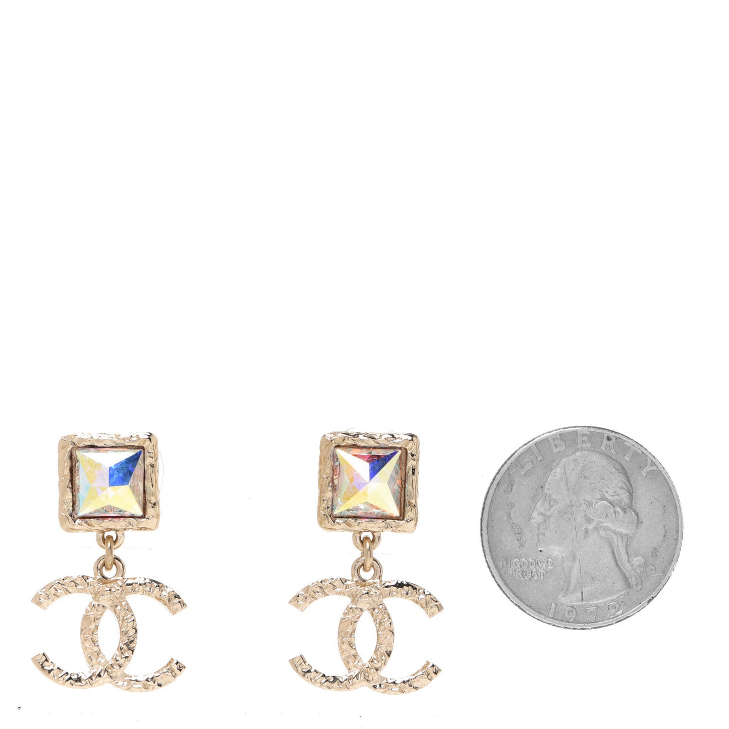 Iridescent Baguette Crystal CC Drop Earrings Gold