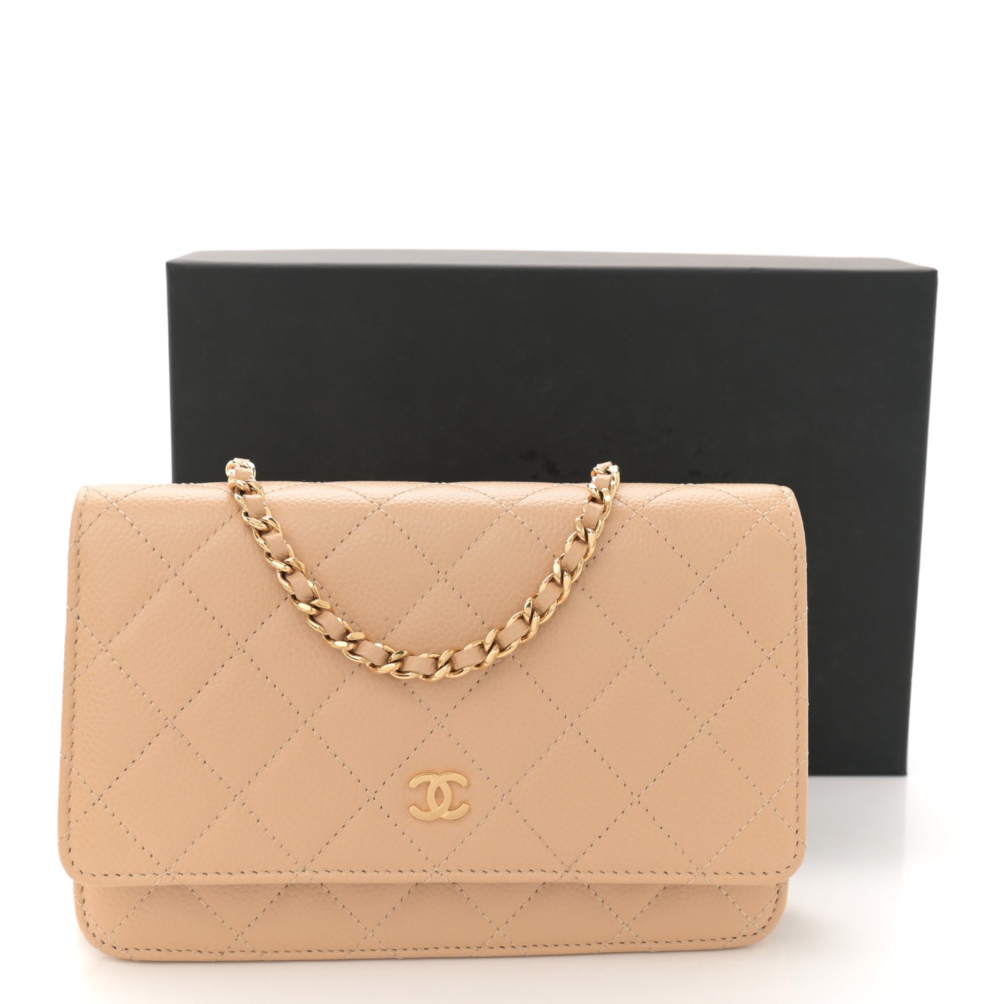 Caviar Quilted Wallet on Chain WOC Beige