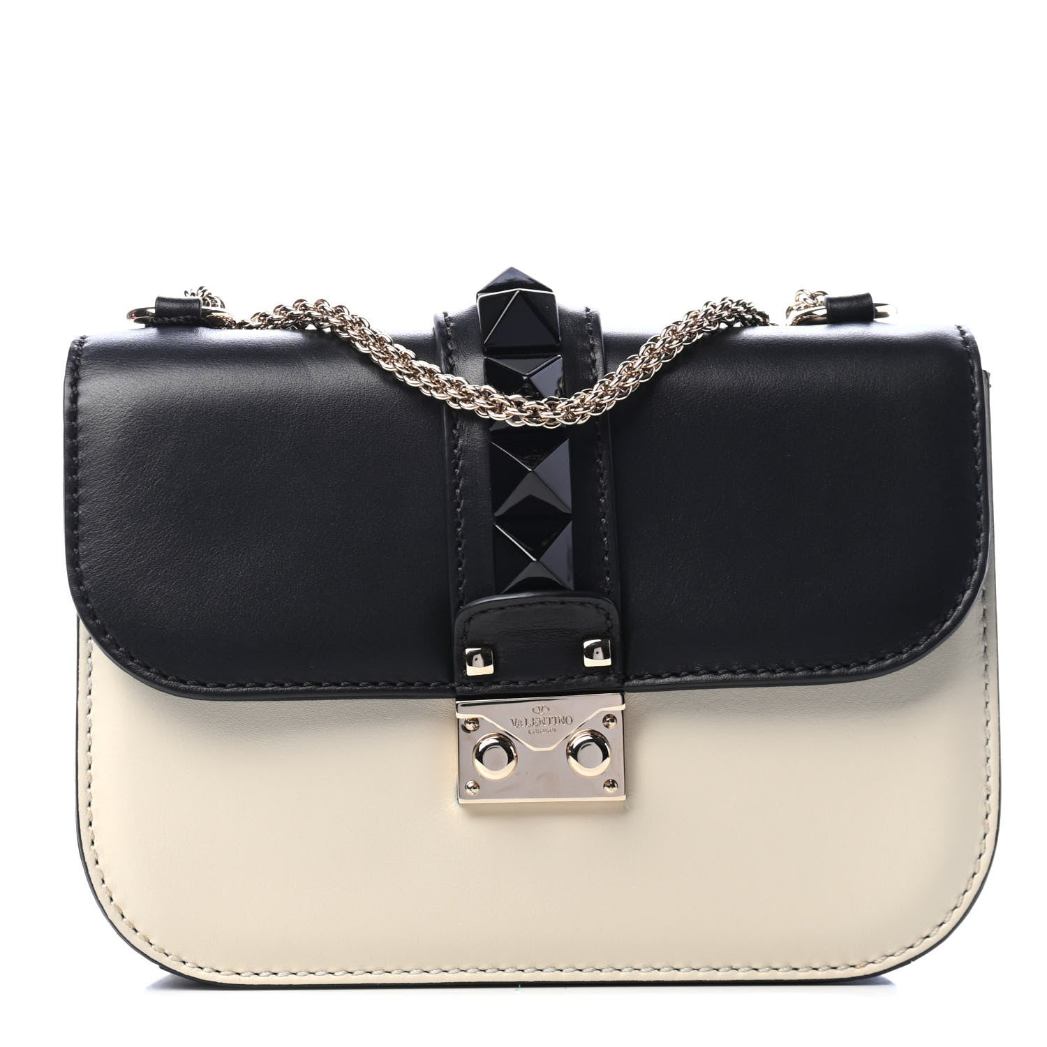 Valentino Garavani Vitello Small Glam Lock Rockstud Flap Black Light Ivory 1 of 4
