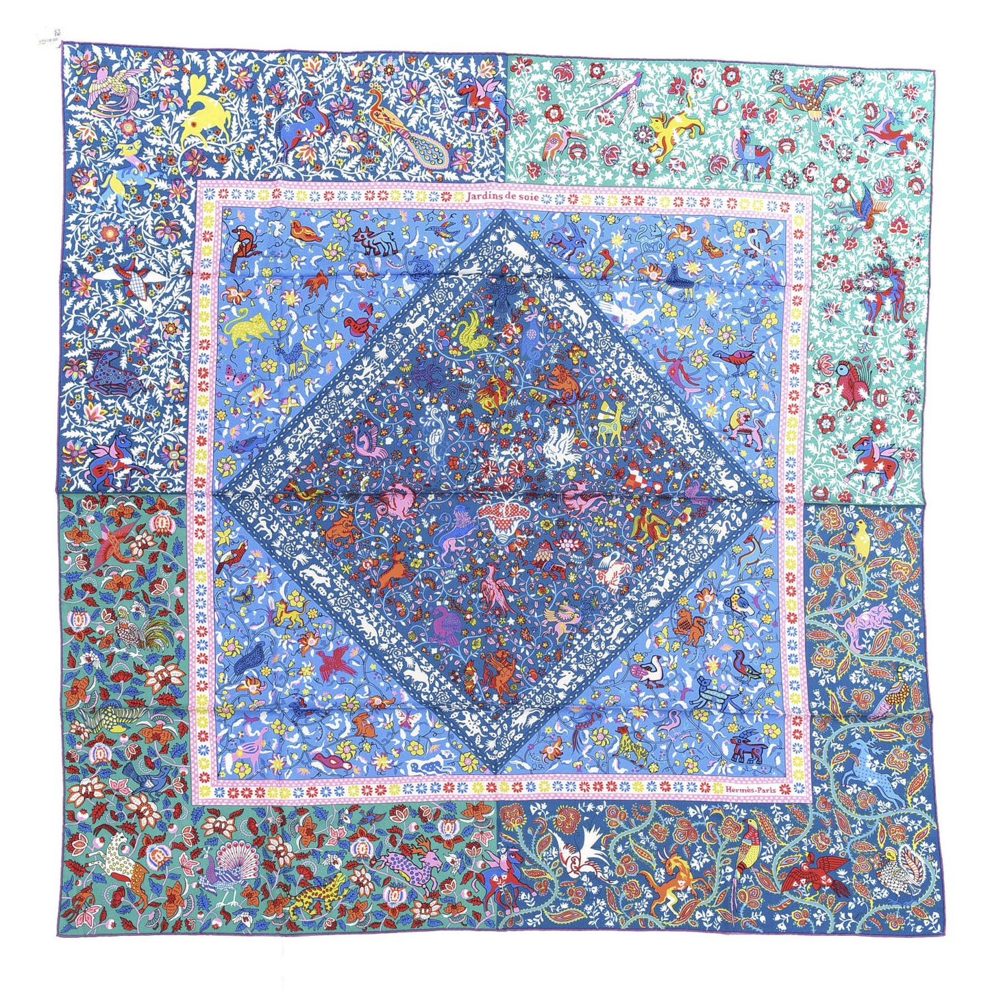 Cashmere Silk Jardins De Soie Shawl 140 Bleu Vert Rose