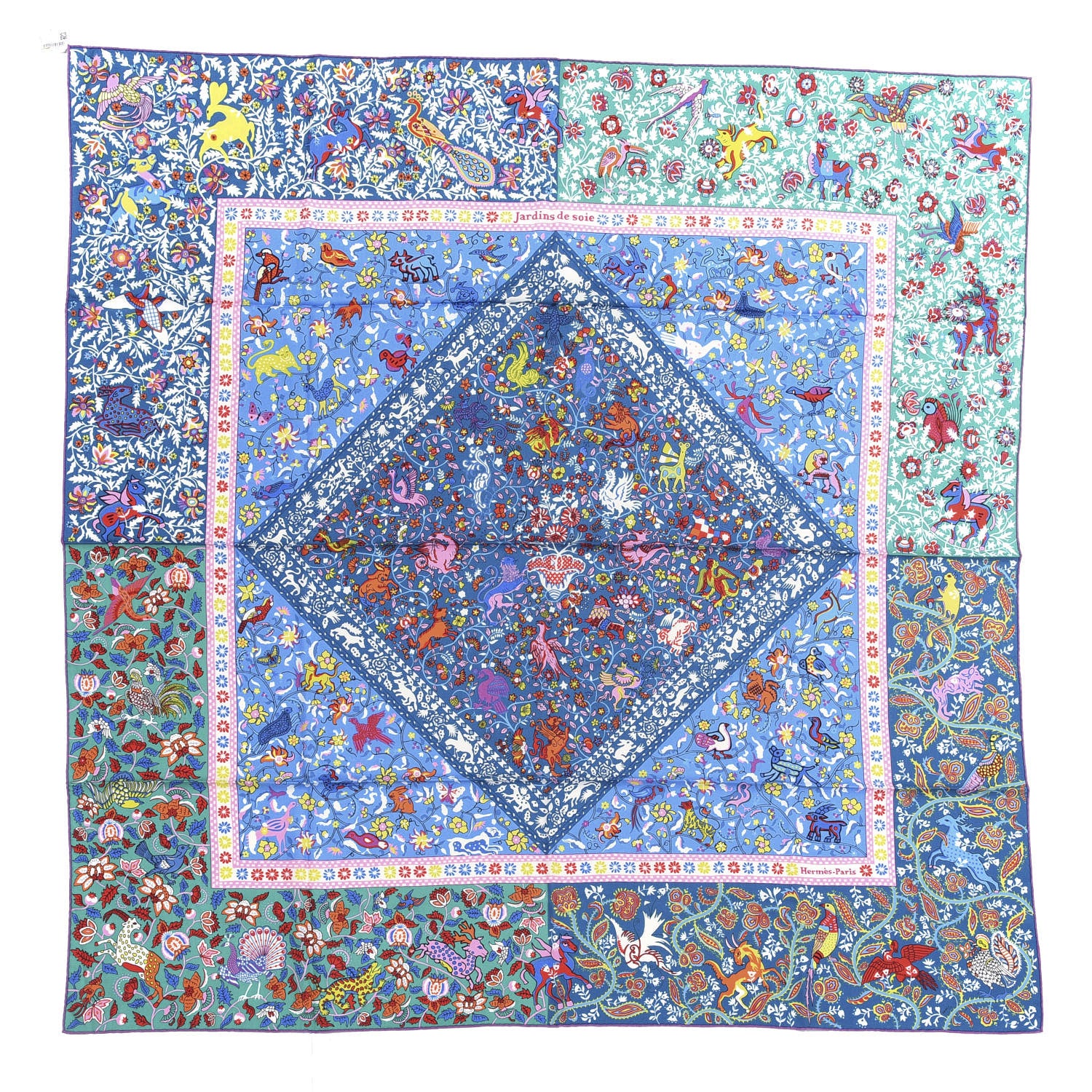 Hermes Cashmere Silk Jardins De Soie Shawl 140 Bleu Vert Rose 1 of 6