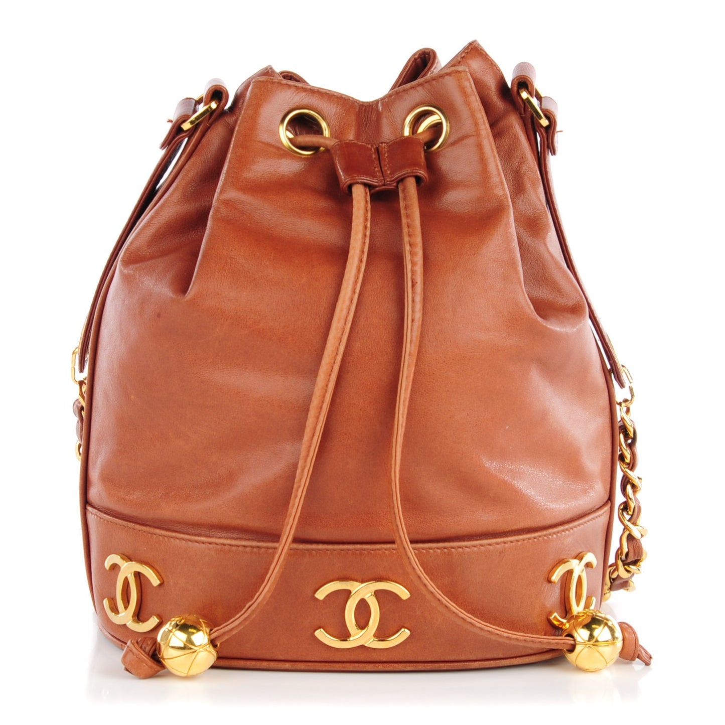 Lambskin CC Drawstring Shoulder Bag Light Brown