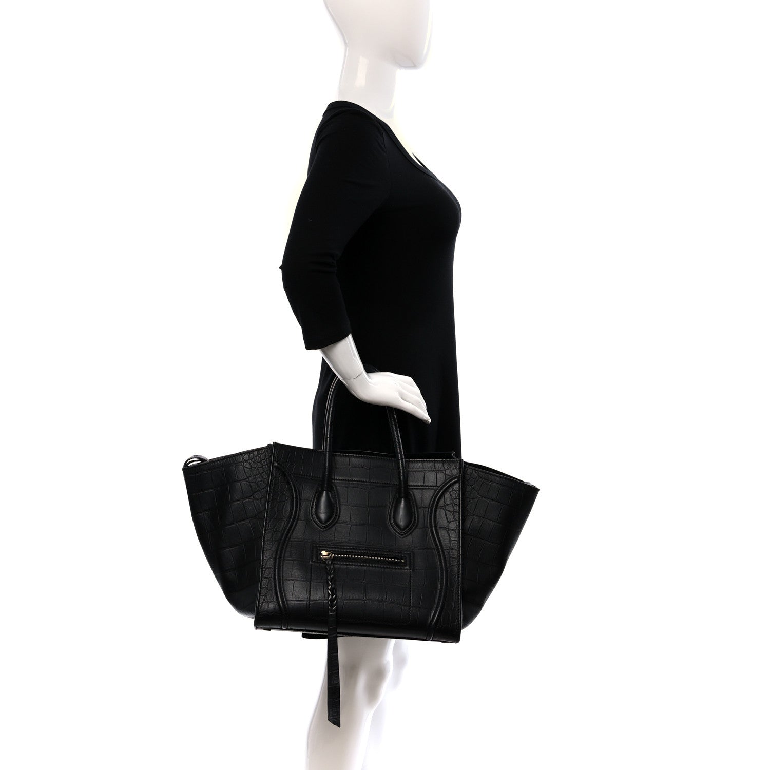 Celine Calfskin Crocodile Embossed Medium Phantom Luggage Black 2 of 10