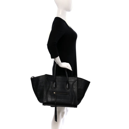 Celine Calfskin Crocodile Embossed Medium Phantom Luggage Black 2 of 10