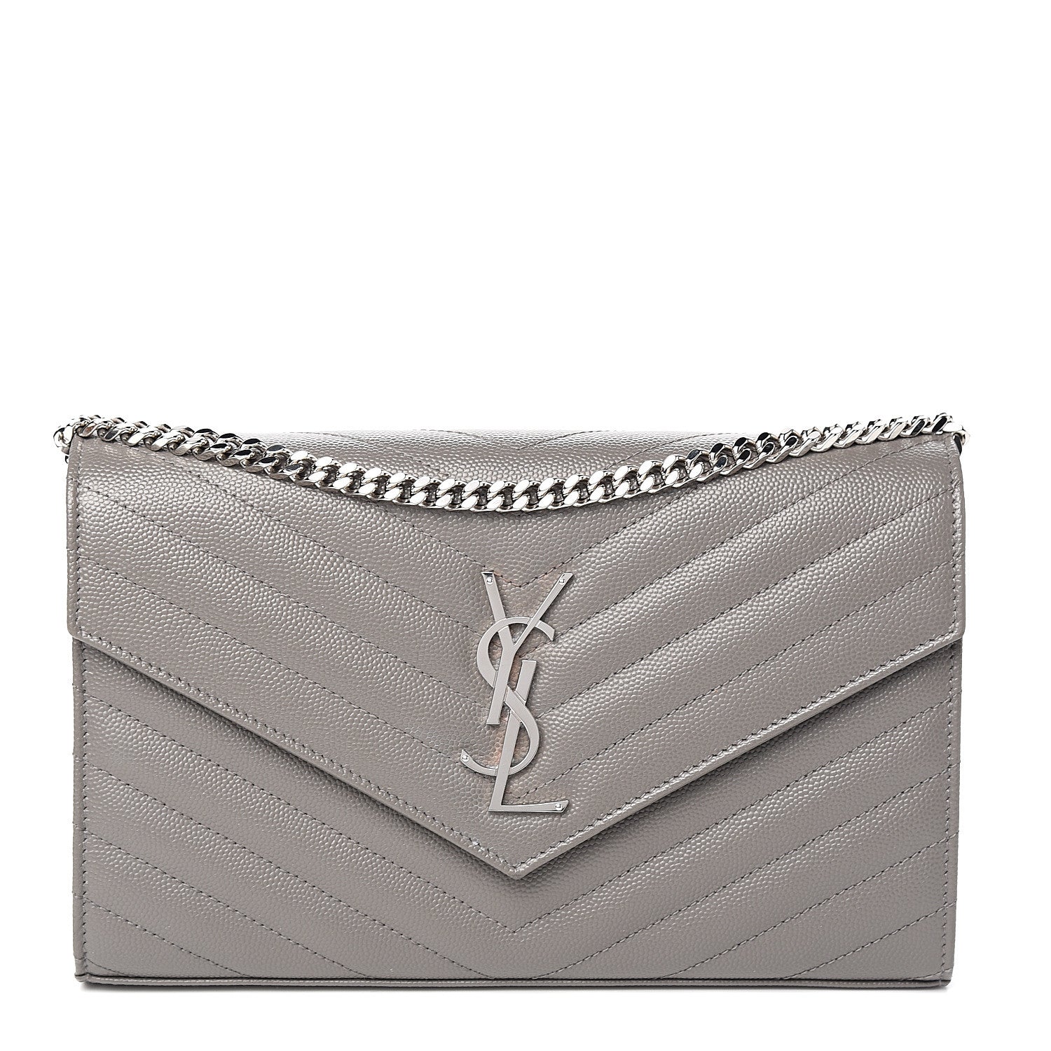 Saint Laurent Grain De Poudre Matelasse Chevron Monogram Chain Wallet Fog 1 of 9
