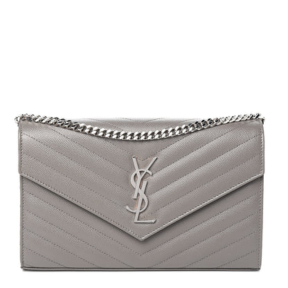 Saint Laurent Grain De Poudre Matelasse Chevron Monogram Chain Wallet Fog 1 of 9