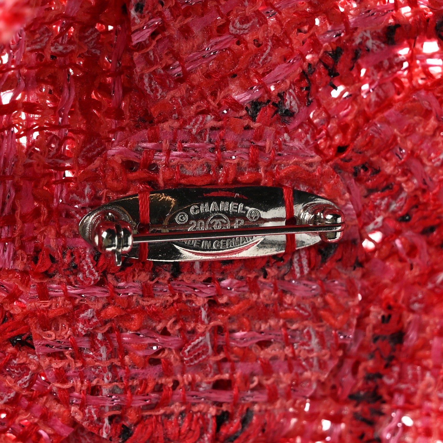 Chanel Tweed Camellia Pin Brooch Red Ecru Black 4 of 6