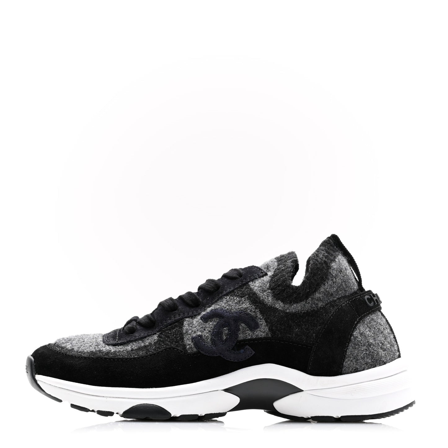 Knit Fabric Suede Calfskin Womens CC Sneakers 36 Grey Black