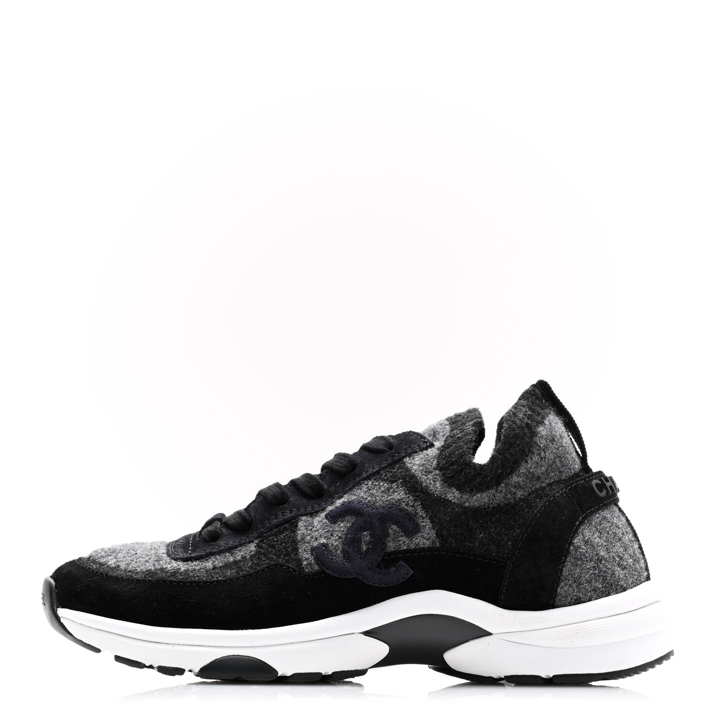 Chanel Knit Fabric Suede Calfskin Womens CC Sneakers 36 Grey Black 1 of 8