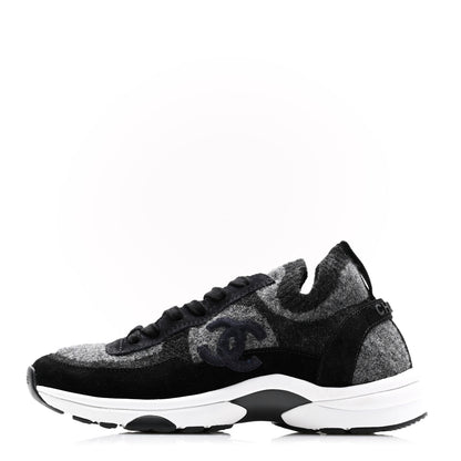 Chanel Knit Fabric Suede Calfskin Womens CC Sneakers 36 Grey Black 1 of 8