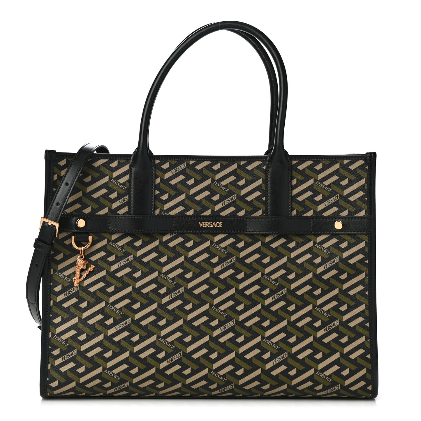 Coated Canvas Calfskin La Greca Signature Tote Bag Black Khaki
