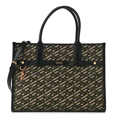 Versace Coated Canvas Calfskin La Greca Signature Tote Bag Black Khaki 1 of 10