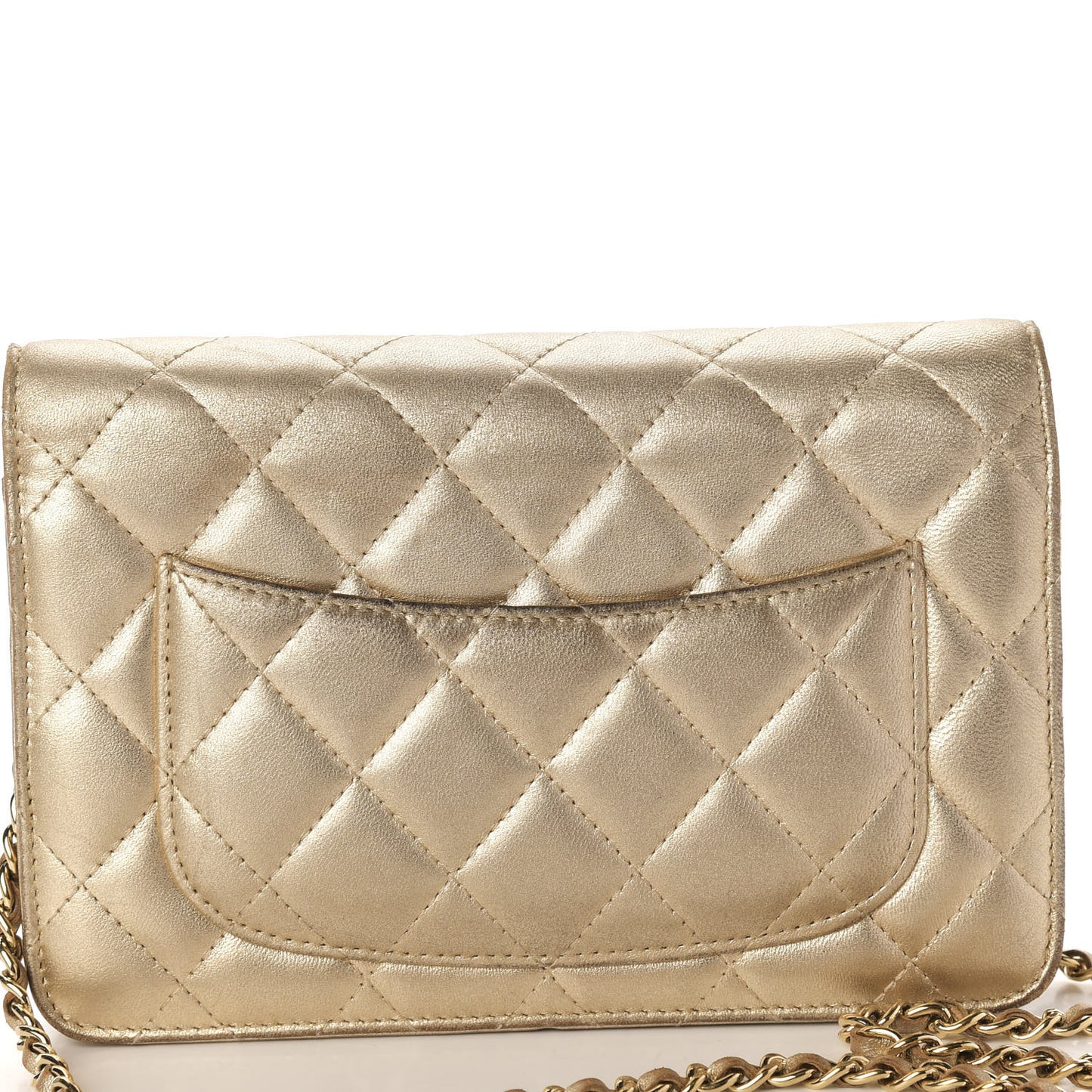 Metallic Lambskin Quilted Wallet On Chain WOC Gold