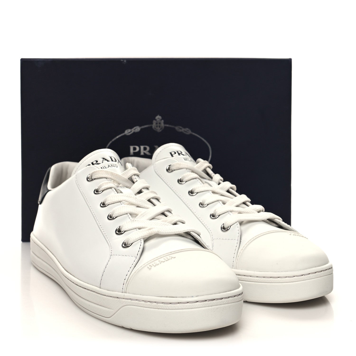 Prada Vitello Plume Logo Low Top Sneakers 41 White Black 9 of 9