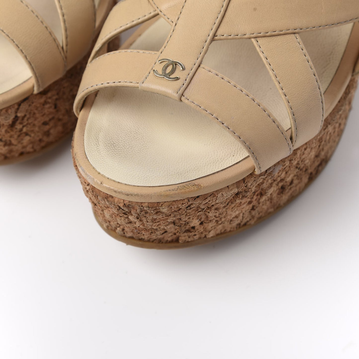 Lambskin Cork Pearl CC Platform Sandals 38 Beige