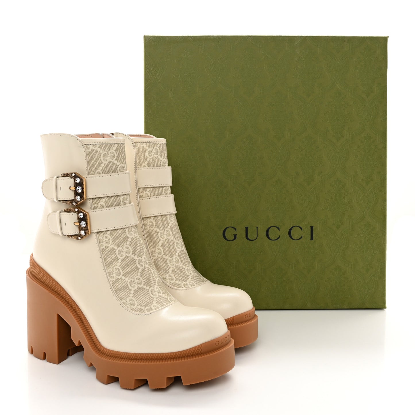 Kensington Calfskin Nappa GG Supreme Monogram Womens Double Buckle Ankle Boots 36.5 Mystic White Beige