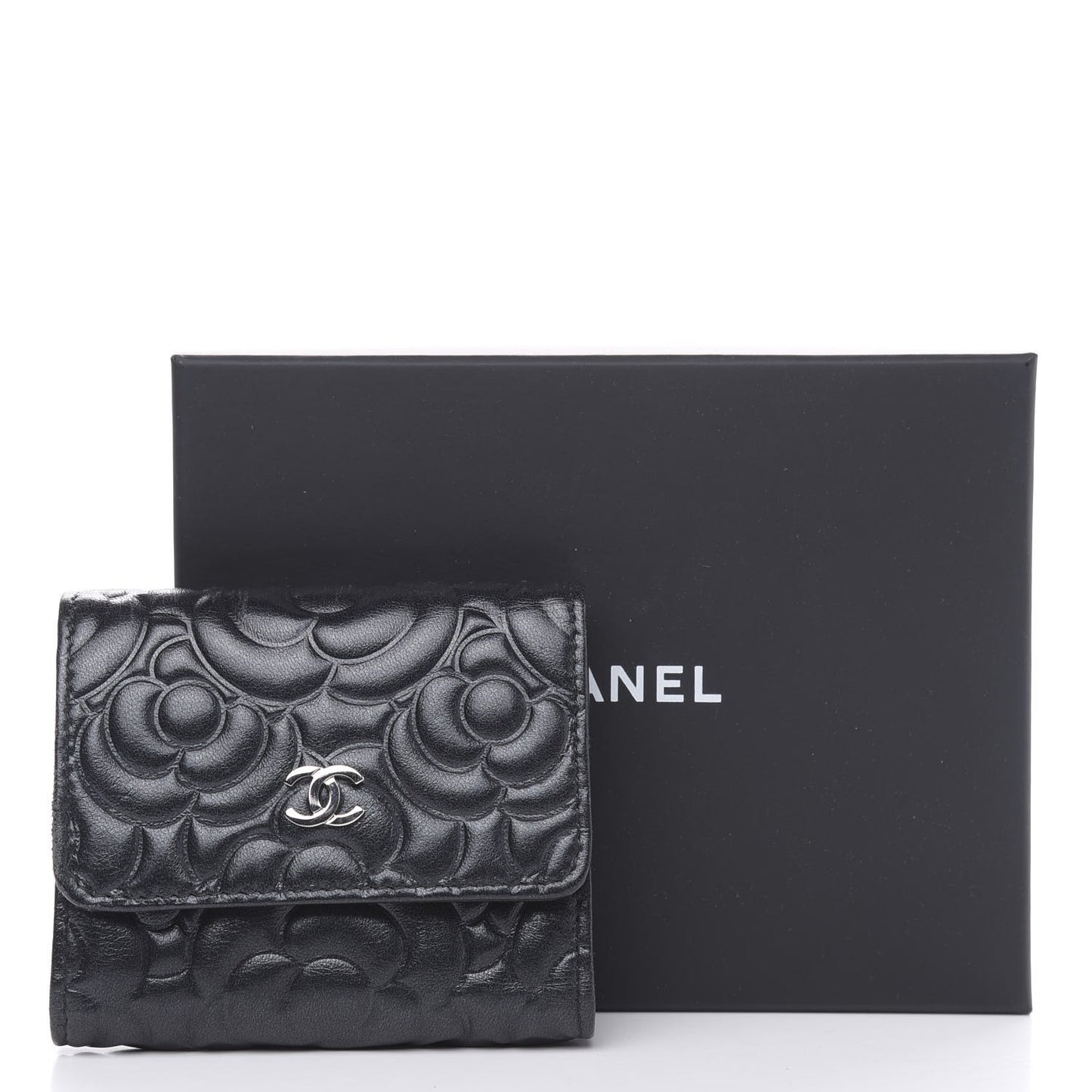 Goatskin Camellia Embossed Compact Wallet Black