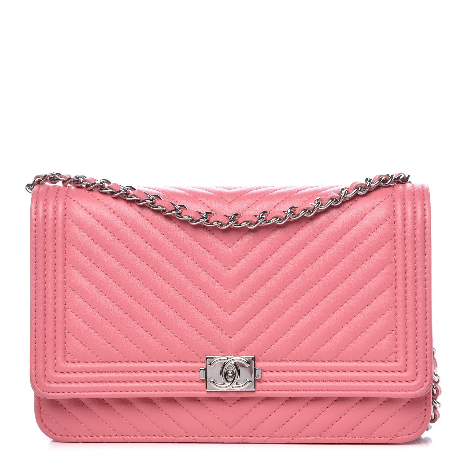 Chanel Calfskin Chevron Quilted Boy Wallet On Chain WOC Pink 1 of 14