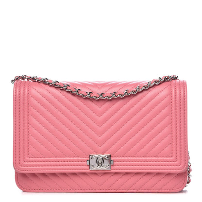 Chanel Calfskin Chevron Quilted Boy Wallet On Chain WOC Pink 1 of 14