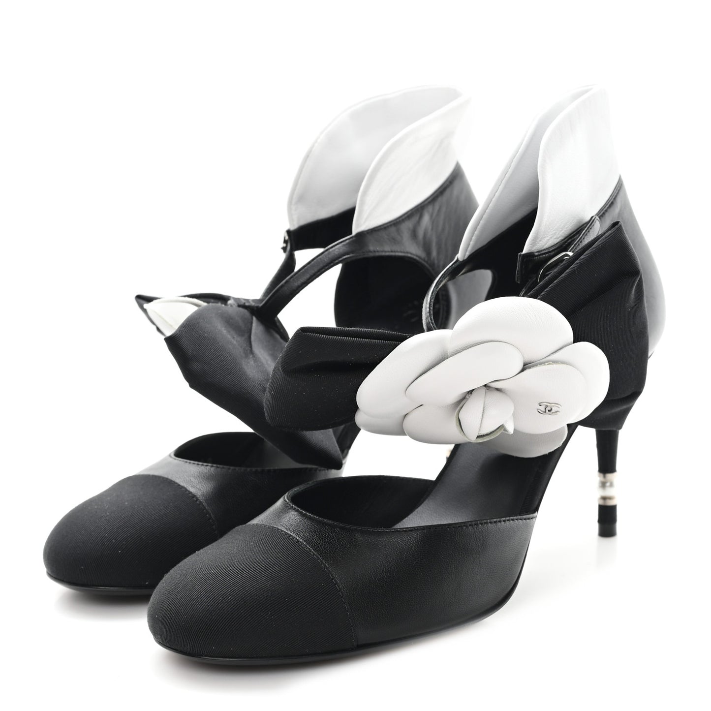 Lambskin Grosgrain Cap Toe Camellia Mary Jane Platform Pumps 38.5 Black