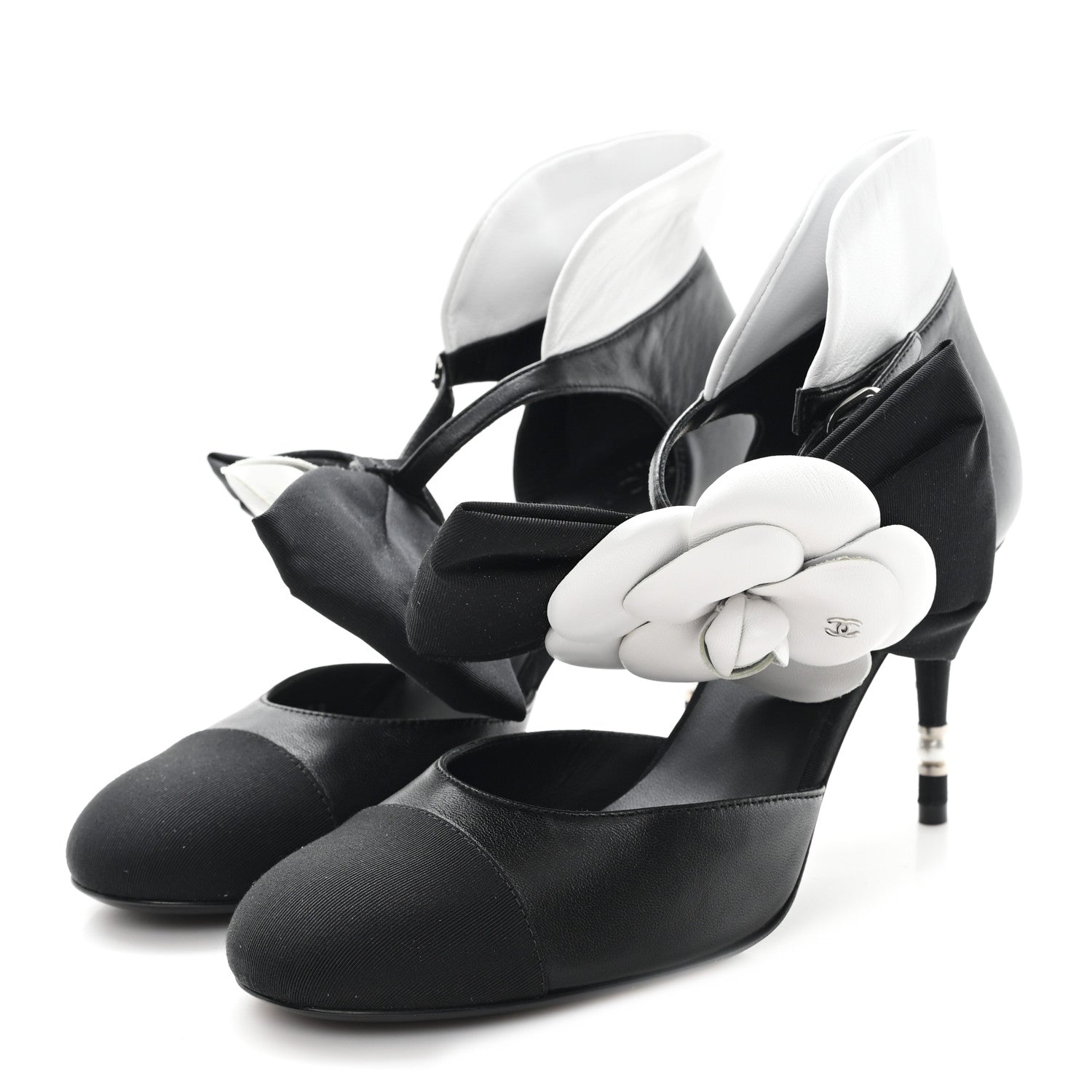 Chanel Lambskin Grosgrain Cap Toe Camellia Mary Jane Platform Pumps 38.5 Black 4 of 9