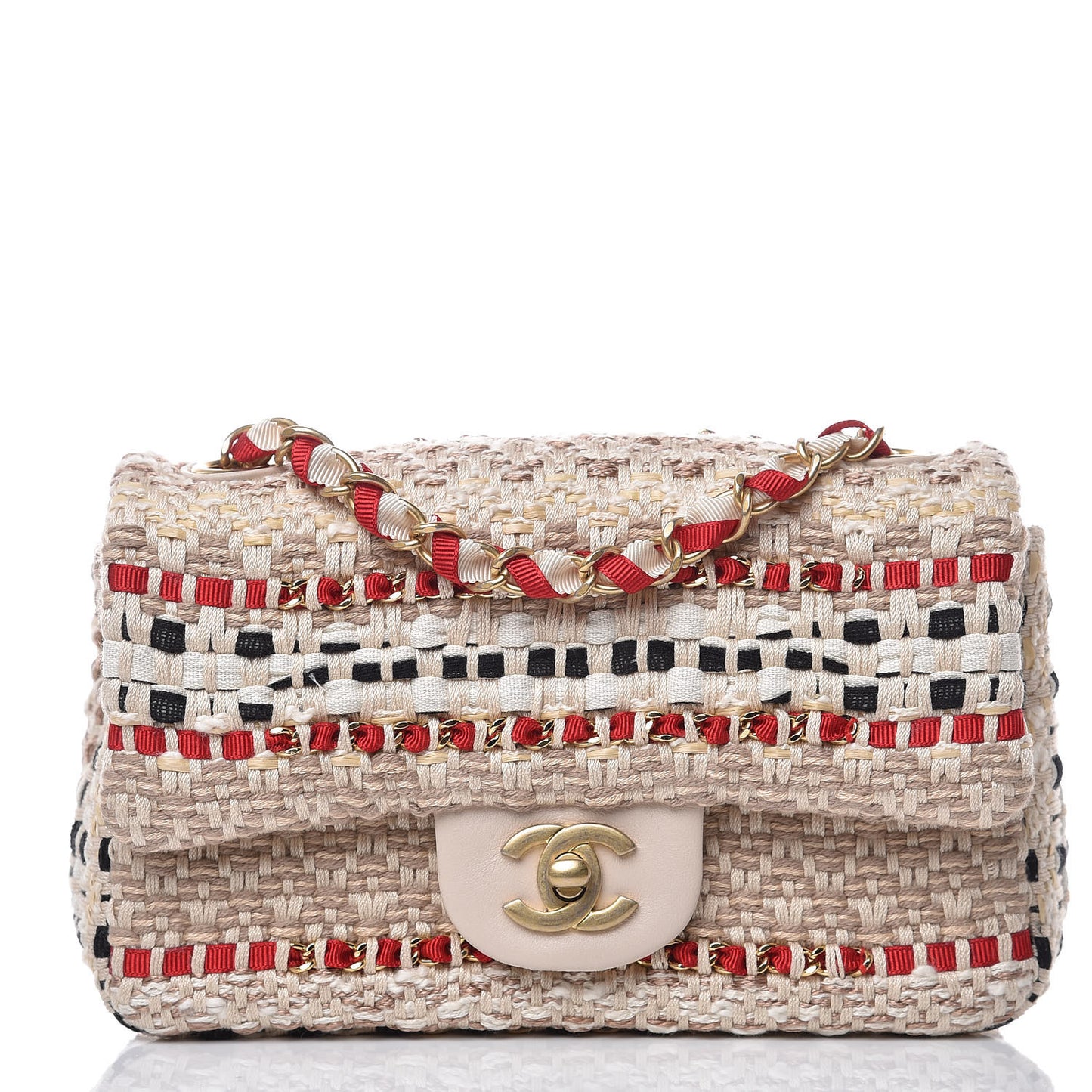 Cotton Raffia Lambskin Woven Mini Rectangular Flap Beige Red Black