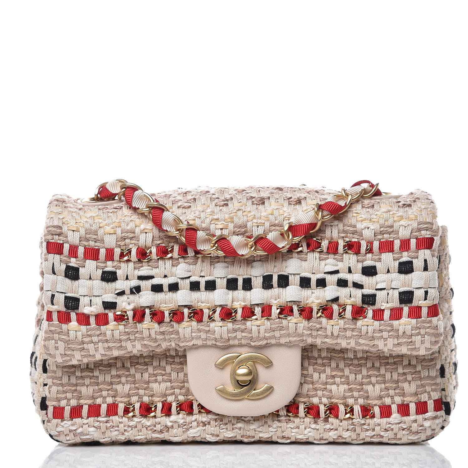 Chanel Cotton Raffia Lambskin Woven Mini Rectangular Flap Beige Red Black 1 of 8