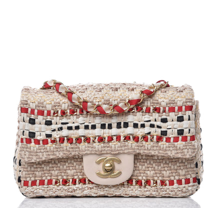 Chanel Cotton Raffia Lambskin Woven Mini Rectangular Flap Beige Red Black 1 of 8