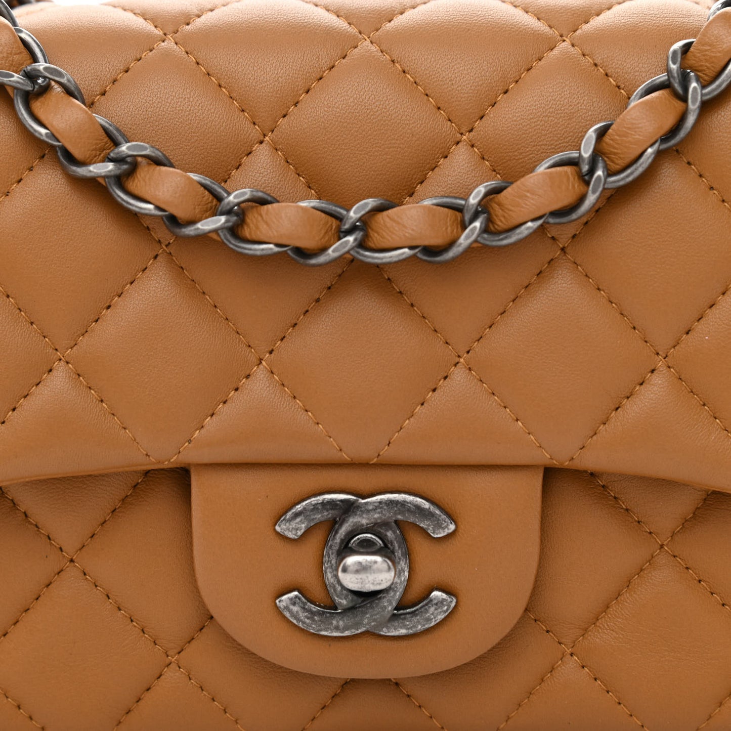 Lambskin Quilted Mini Rectangular Flap Camel