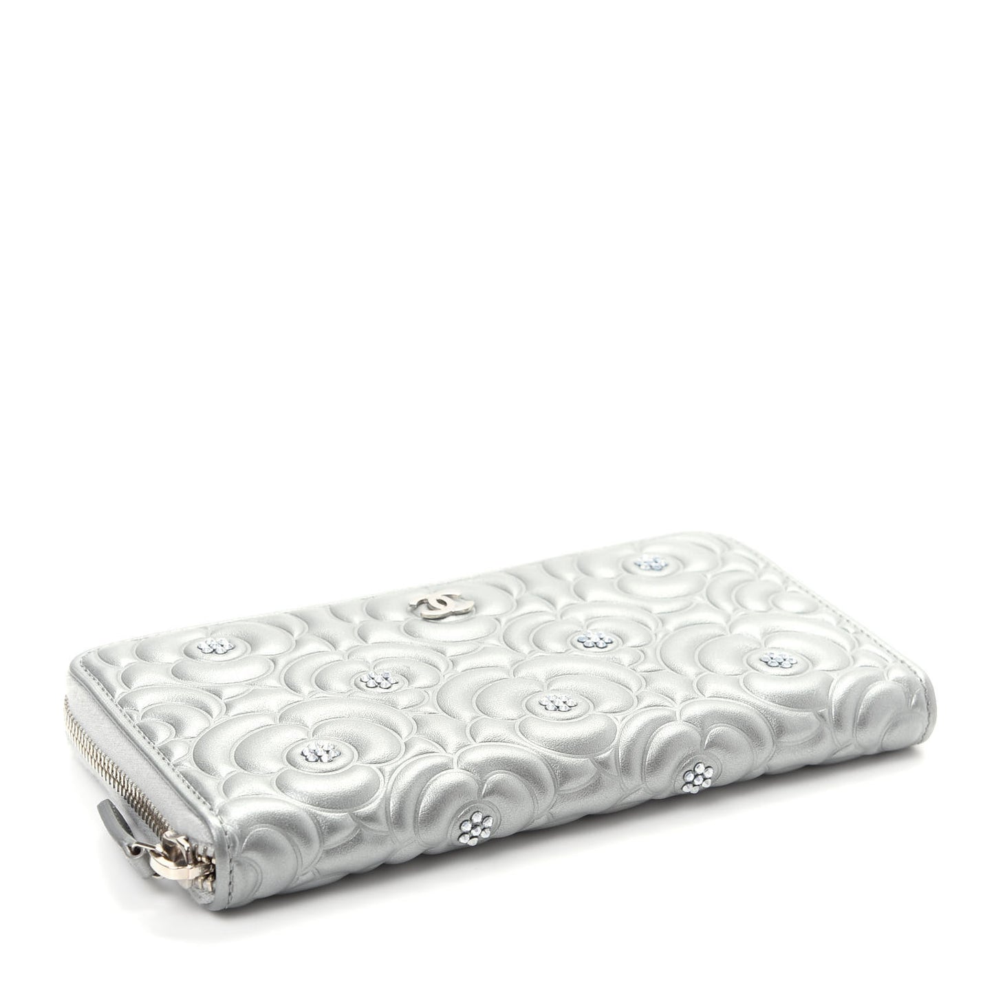 Metallic Lambskin Camellia Crystal Large Gusset Zip Around Wallet Silver