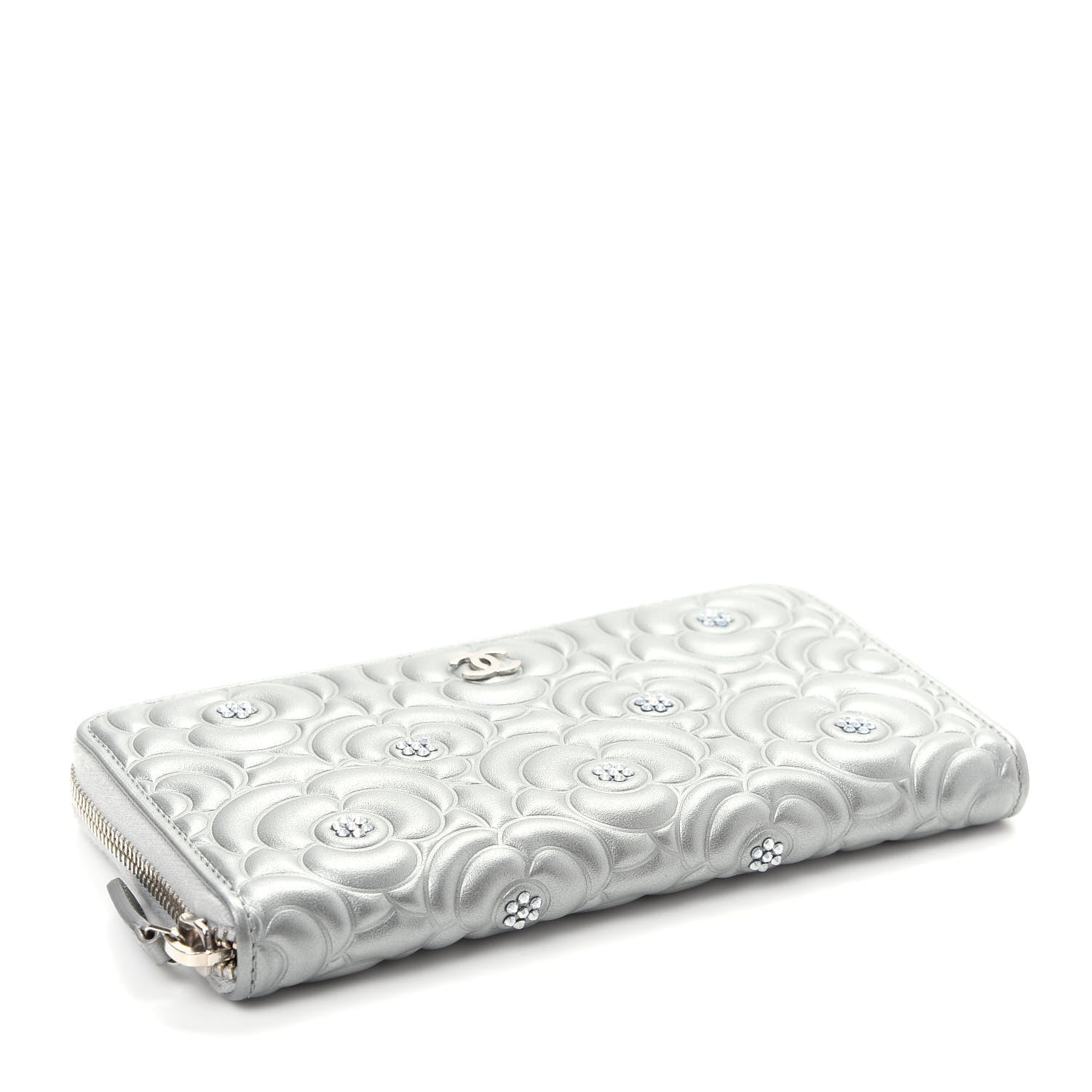 Chanel Metallic Lambskin Camellia Crystal Large Gusset Zip Around Wallet Silver 4 of 9