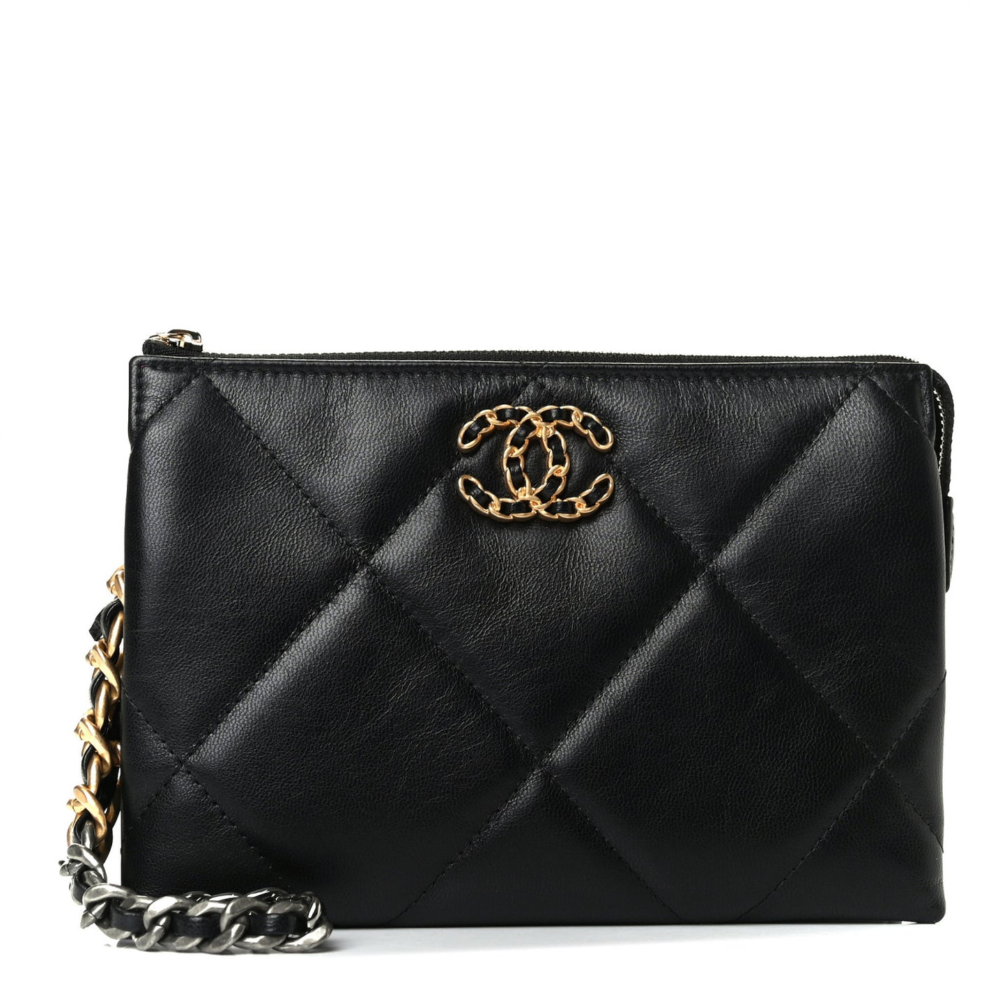 Shiny Goatskin Quilted Small Chanel 19 Pouch With Handle Black