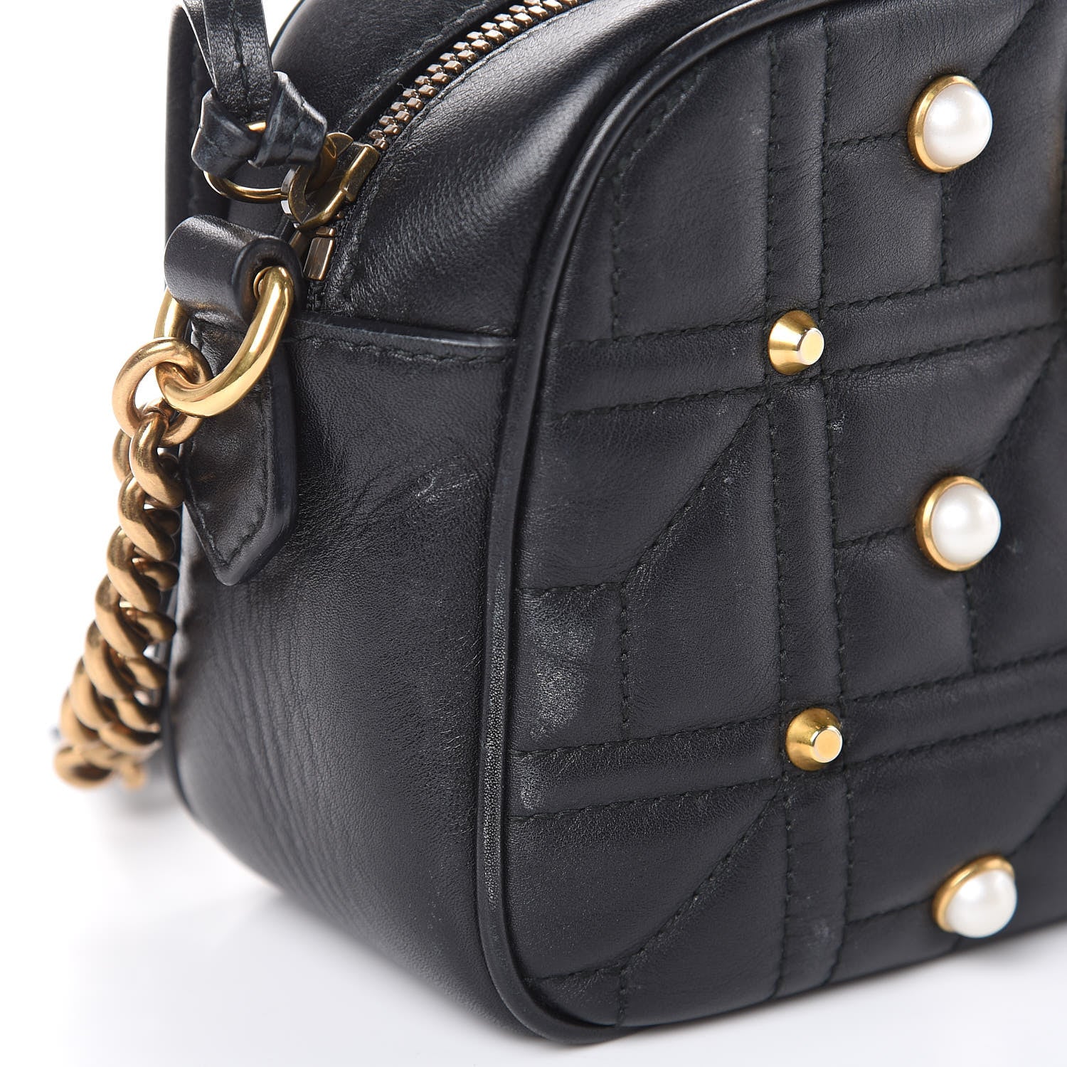 Gucci Calfskin Matelasse Studded Small Pearly GG Marmont Chain Shoulder Bag Black 11 of 15