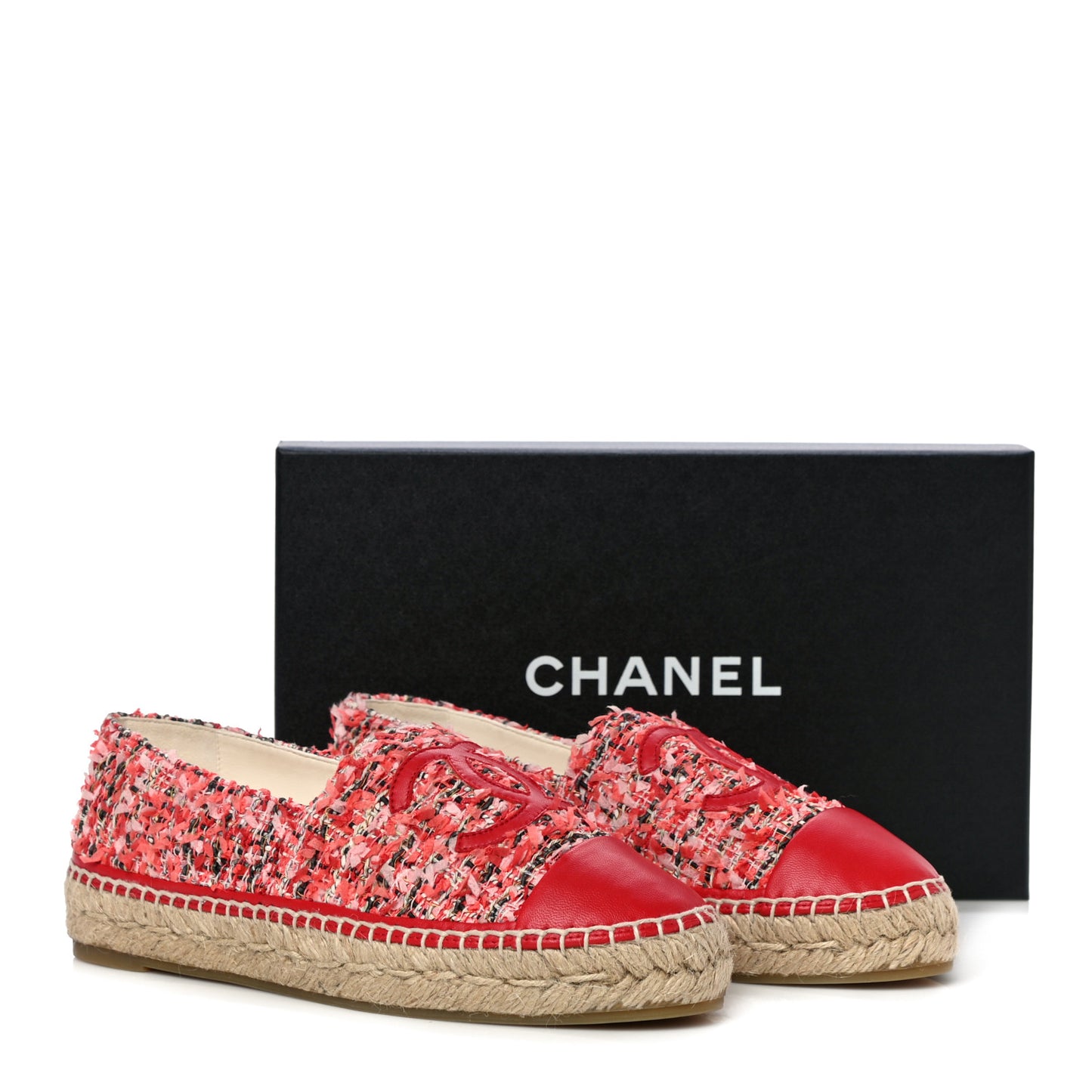 Tweed Lambskin CC Espadrilles 39 Coral Pink Black Red