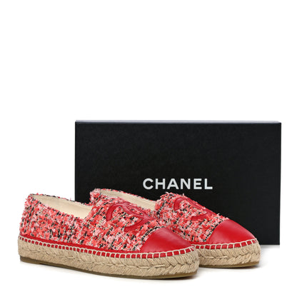 Chanel Tweed Lambskin CC Espadrilles 39 Coral Pink Black Red 16 of 16